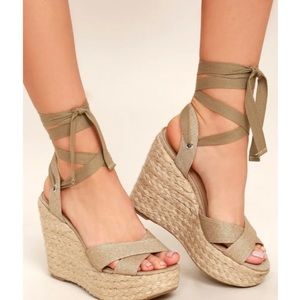 LULU’S Natural Esme Lace Up Espadrille Wedges